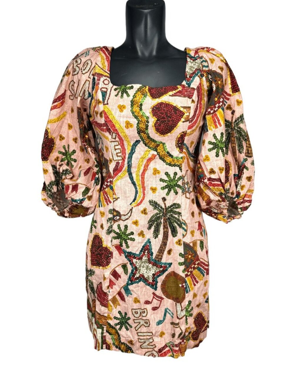FARM RIO Puffed Sleeve Print Cotton Mini Pink Multicolor Summer Dress S